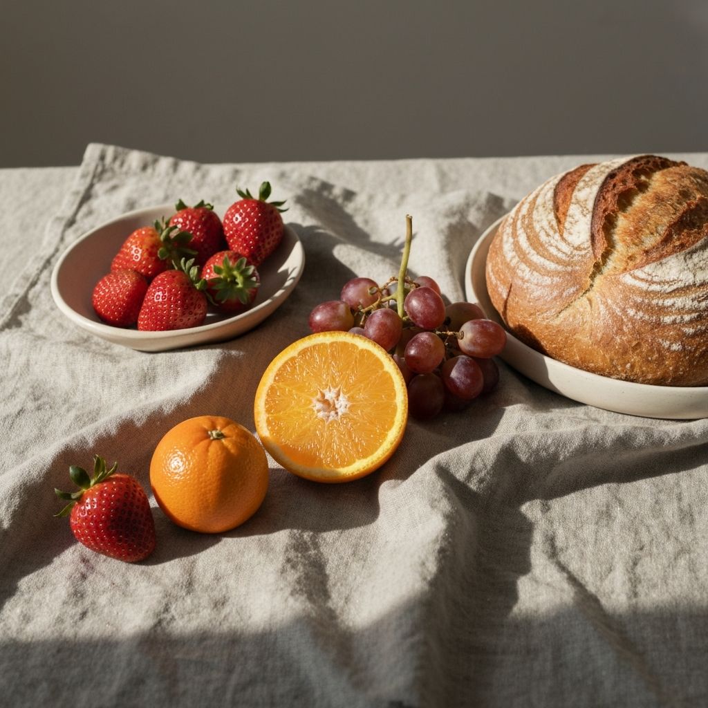 Kruh i voće na platnenoj tkanini